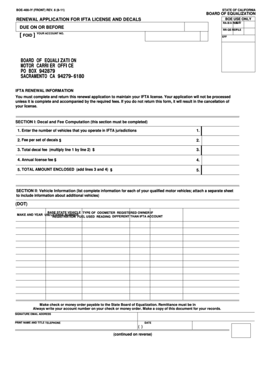Fillable Form Boe-400-Iy - Renewal Application For Ifta License And Decals Printable pdf