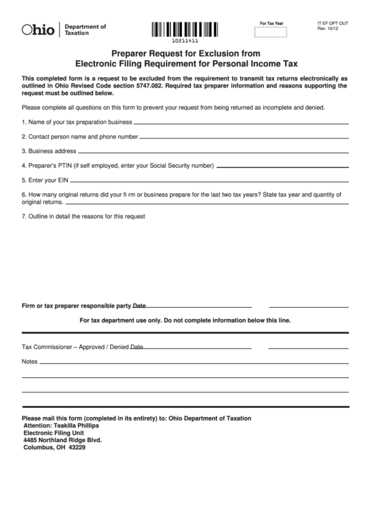 Fillable Form It Ef Opt Out - Preparer Request For Exclusion From Electronic Filing Requirement For Personal Income Tax Printable pdf