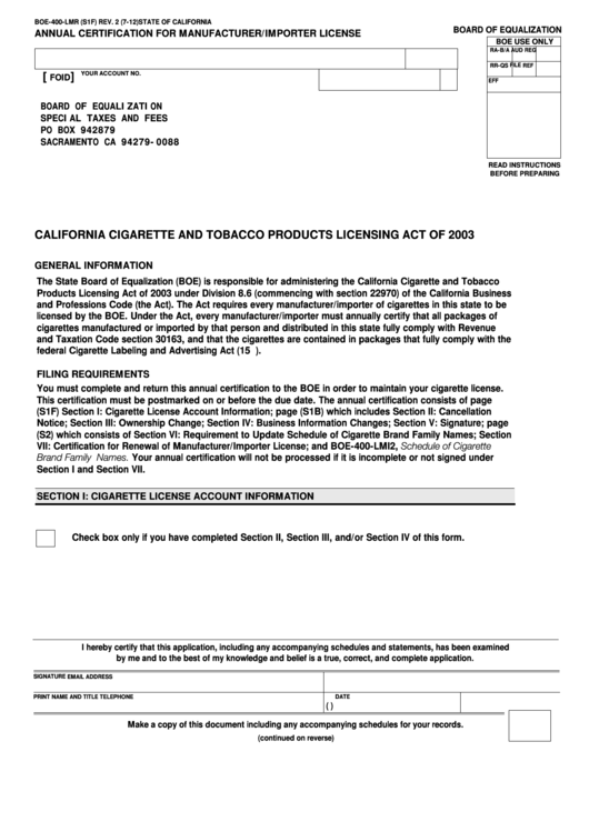 Fillable Form Boe-400-Lmr - Annual Certification For Manufacturer/importer License Printable pdf