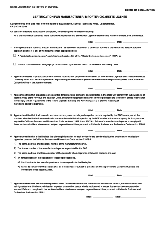 Fillable Form Boe-400-Lme - Certification For Manufacturer/importer Cigarette License Printable pdf