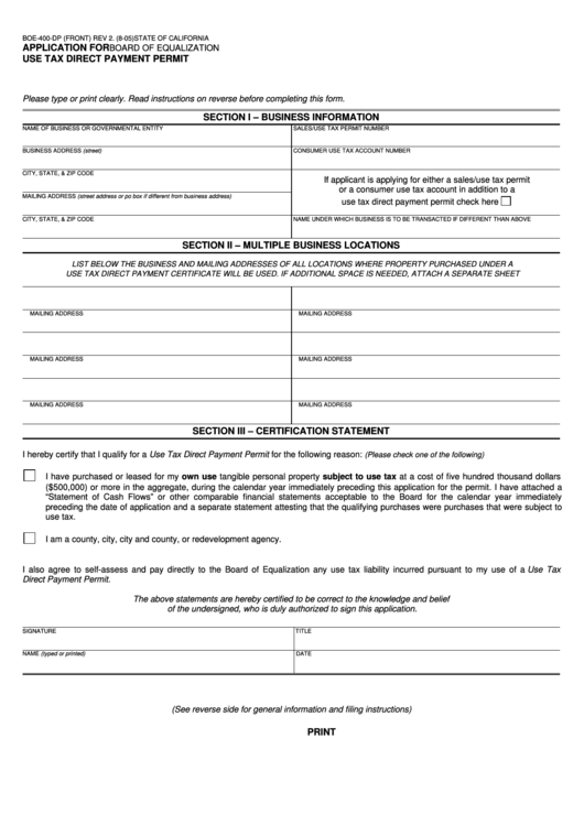 Fillable Form Boe-400-Dp - Application For Use Tax Direct Payment Permit Printable pdf