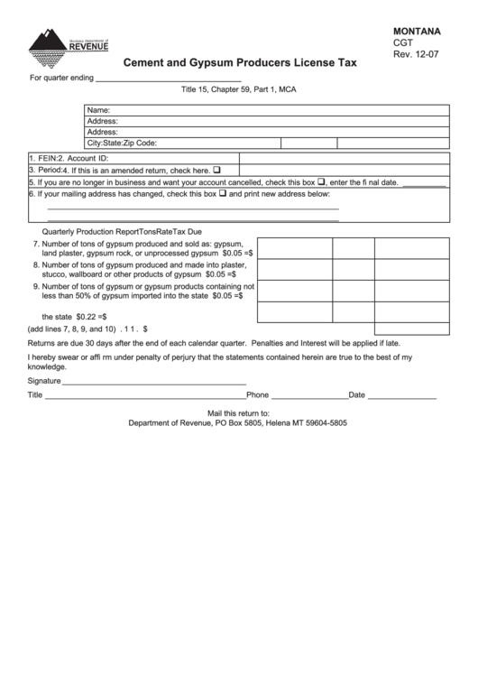 Fillable Form Cgt - Cement And Gypsum Producers License Tax Printable pdf