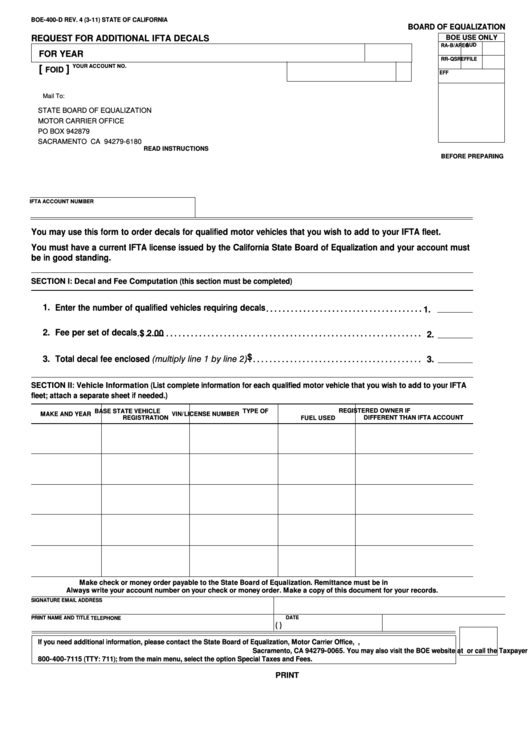 Fillable Form Boe-400-D - Request For Additional Ifta Decals Printable pdf