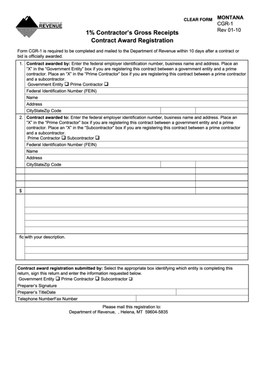 Fillable Form Cgr-1 - 1% Contractor