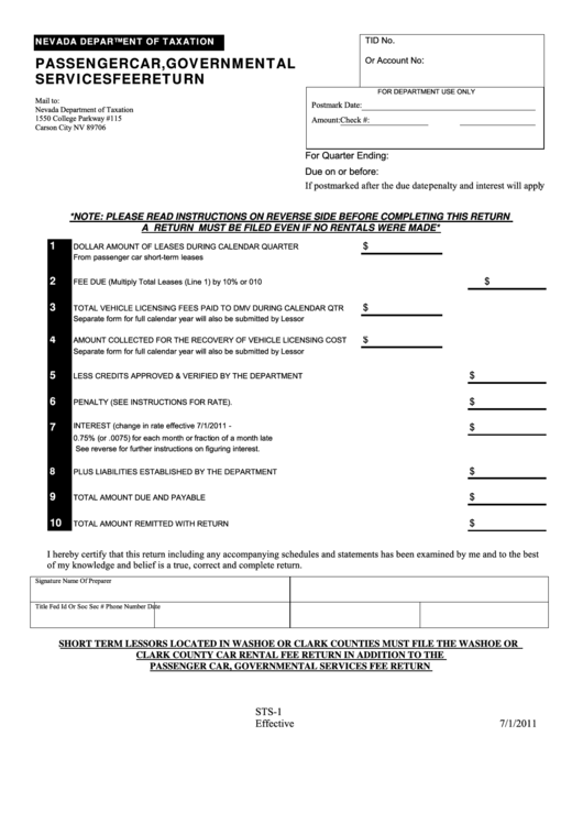 Fillable Form Sts-1 - Passenger Car, Governmental Services Fee Return - Nevada Department Of Taxation Printable pdf
