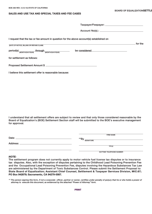 Fillable Form Boe-393 - Settlement Proposal For Sales And Use Tax And Special Taxes And Fee Cases Printable pdf