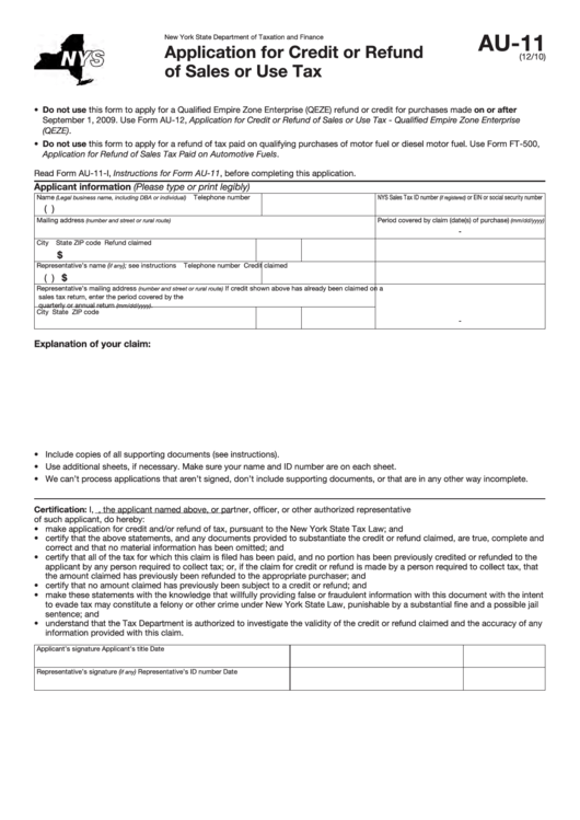 Fillable Form Au-11 - Application For Credit Or Refund Of Sales Or Use Tax Printable pdf