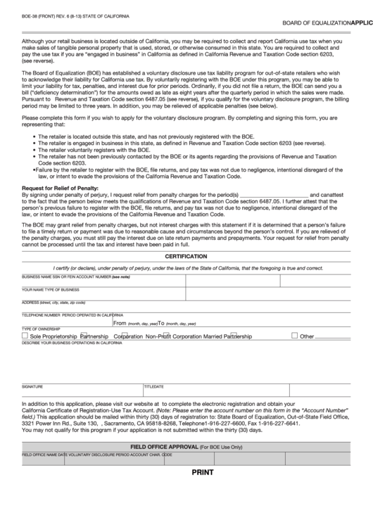 Fillable Form Boe-38 - Application For Out-Of-State Voluntary Disclosure Printable pdf