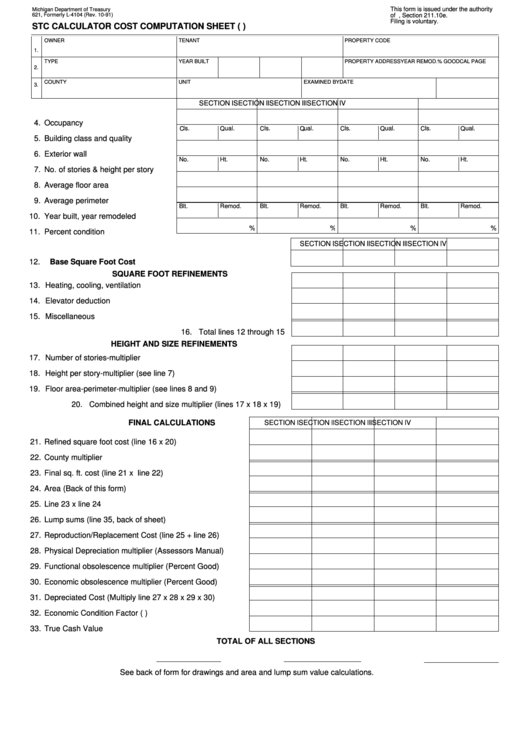 Fillable Form 621 - Stc Calculator Cost Computation Sheet (S.f. Costs) Printable pdf