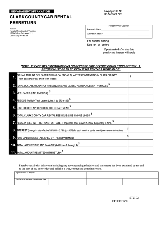 Fillable Form Stc-02 - Clark County Car Rental Fee Return Printable pdf