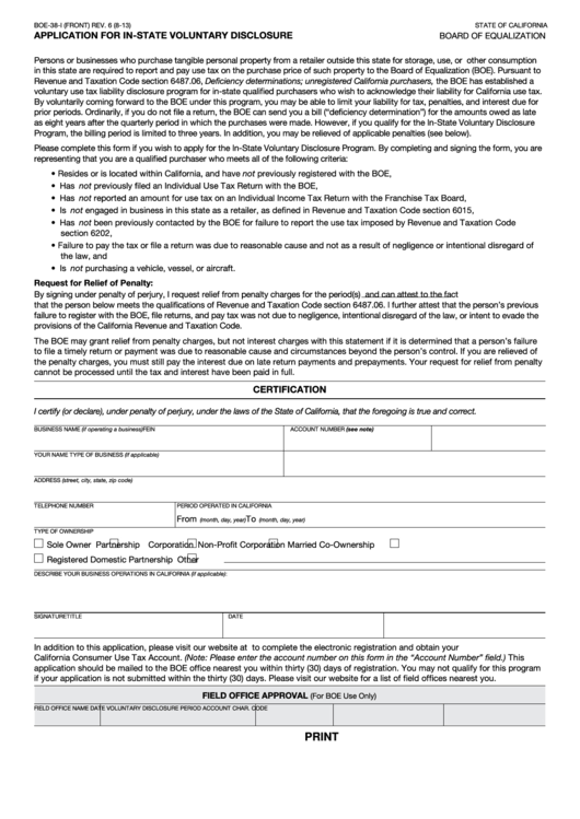 Fillable Form Boe-38-I - Application For In-State Voluntary Disclosure Printable pdf