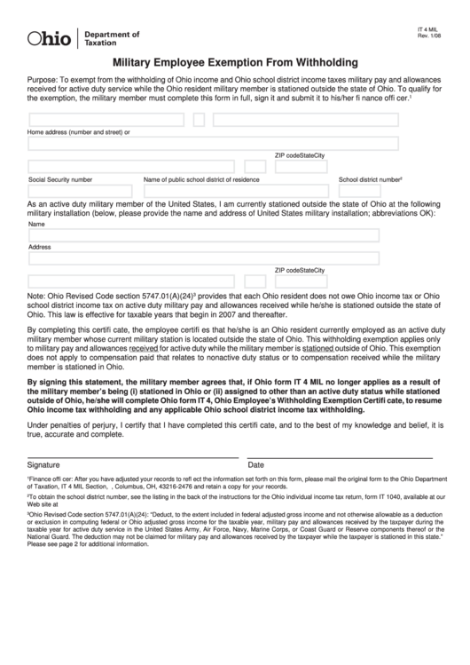 Fillable Form It 4 Mil - Military Employee Exemption From Withholding Printable pdf