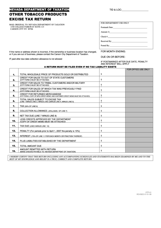Fillable Form Otp-01 - Other Tobacco Products Excise Tax Return Printable pdf