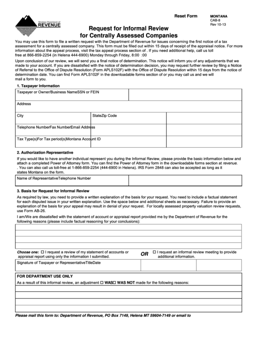 Fillable Form Cab-8 - Request For Informal Review For Centrally Assessed Companies Printable pdf