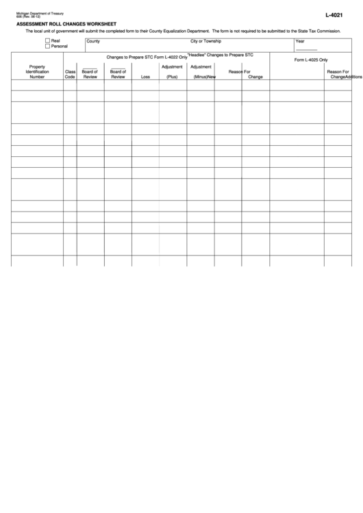 Fillable Form 606 - Assessment Roll Changes Worksheet Printable pdf