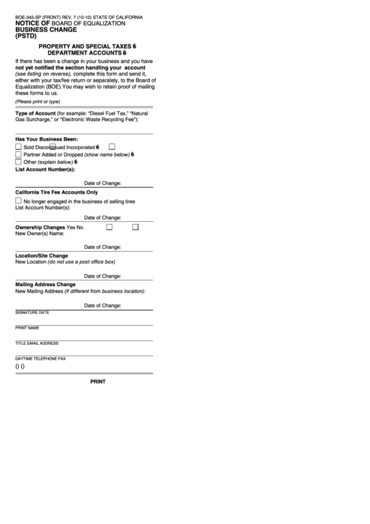 Fillable Form Boe-345-Sp - Notice Of Business Change (Pstd) Printable pdf
