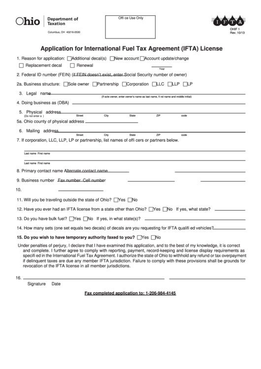 Fillable Form Ohif 1 - Application For International Fuel Tax Agreement (Ifta) License Printable pdf