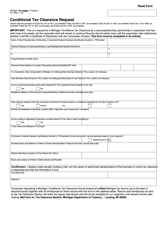 Fillable Form 514 - Conditional Tax Clearance Request Printable pdf