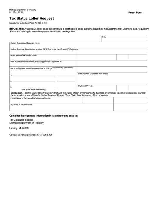 Fillable Form 511 - Tax Status Letter Request Printable pdf