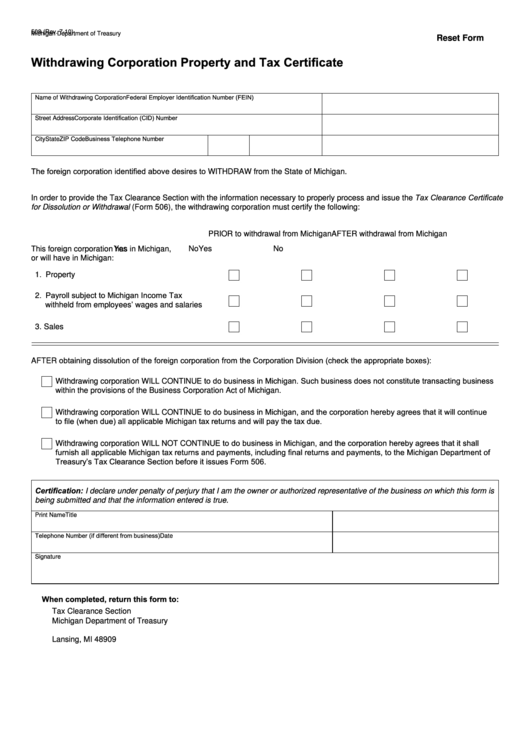Fillable Form 508 - Withdrawing Corporation Property And Tax Certificate Printable pdf