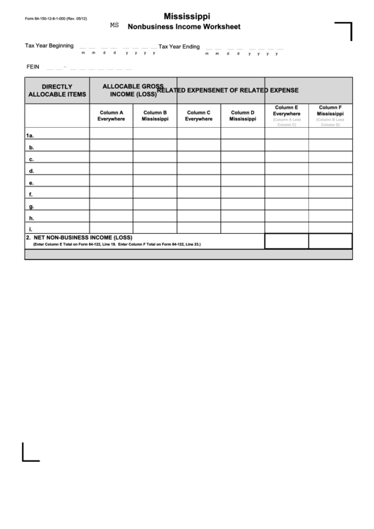Form 84-150-12-8-1-000 - Mississippi Nonbusiness Income Worksheet Printable pdf