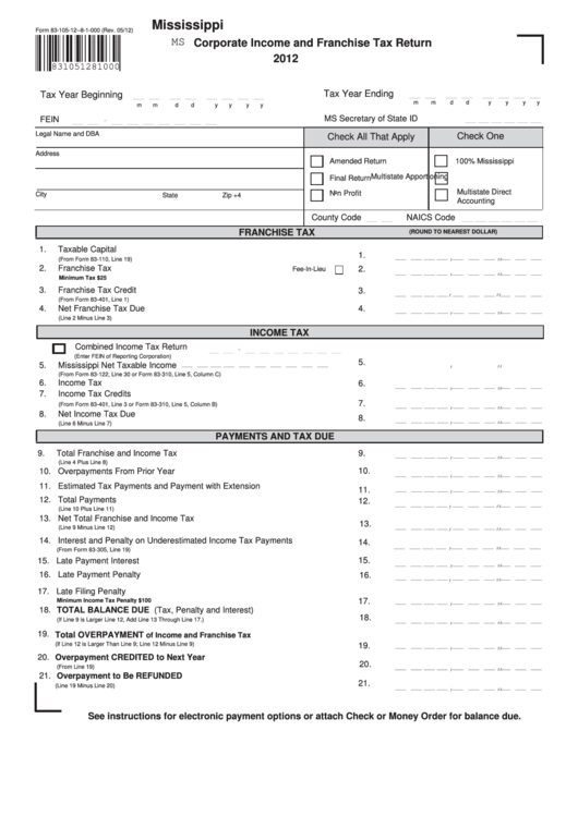 Fillable Form 83-105-12-8-1-000 - Mississippi Corporate Income And Franchise Tax Return - 2012 Printable pdf