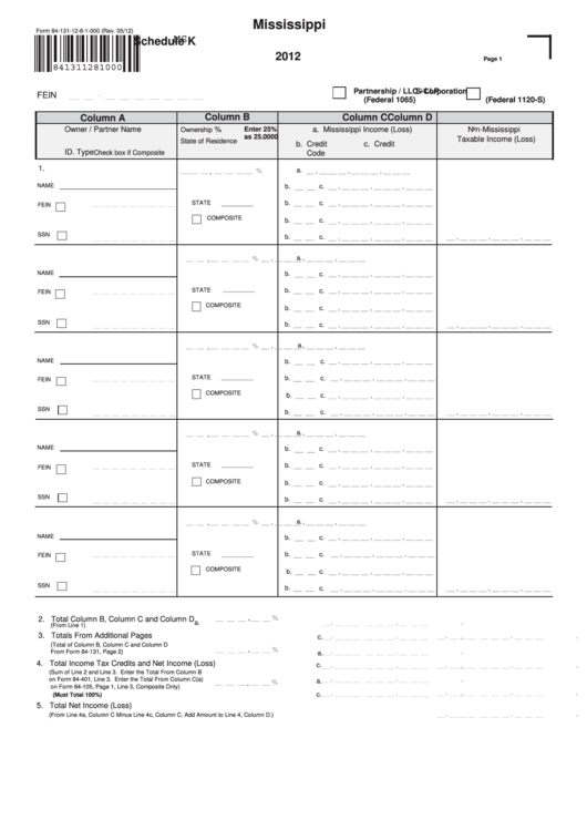 Fillable Form 84-131-12-8-1-000 - Mississippi Schedule K - 2012 Printable pdf