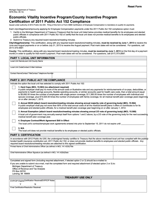 Fillable Form 4978 - Economic Vitality Incentive Program/county Incentive Program Certification Of 2011 Public Act 152 Compliance Printable pdf