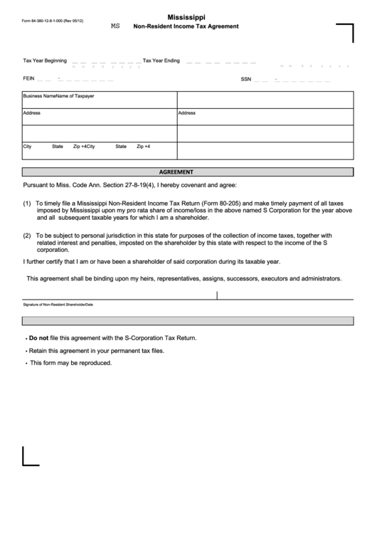 Form 84-380-12-8-1-000 - Mississippi Non-Resident Income Tax Agreement Printable pdf