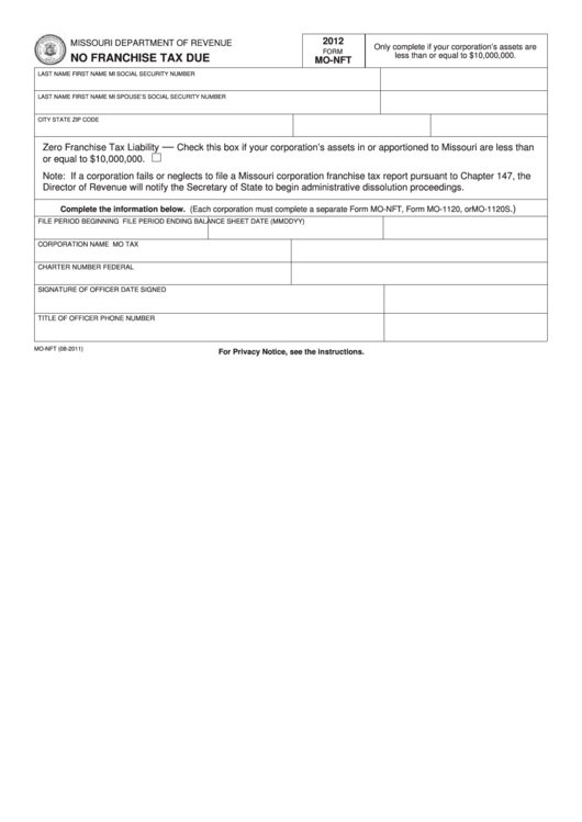 Fillable Form Mo-Nft - No Franchise Tax Due Printable pdf