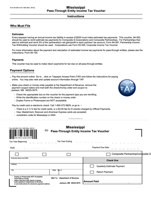Form 84-300-12-8-1-000 - Mississippi Pass-Through Entity Income Tax Voucher Printable pdf