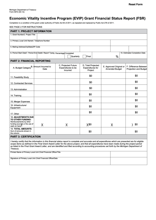 Fillable Form 4972 - Economic Vitality Incentive Program (Evip) Grant Financial Status Report (Fsr) Printable pdf