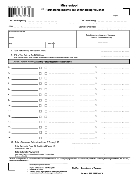 Form 84-387-12-8-1-000 - Mississippi Partnership Income Tax Withholding Voucher Printable pdf