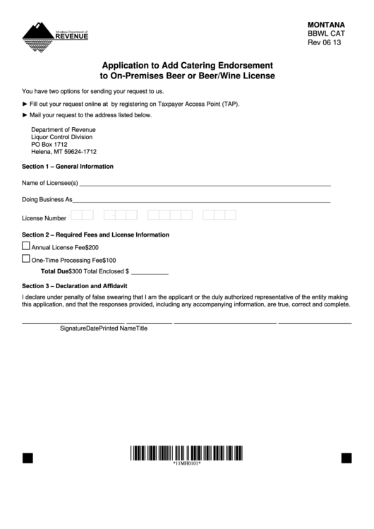 Form Bbwl Cat - Application To Add Catering Endorsement To On-Premises Beer Or Beer/wine Licens Printable pdf