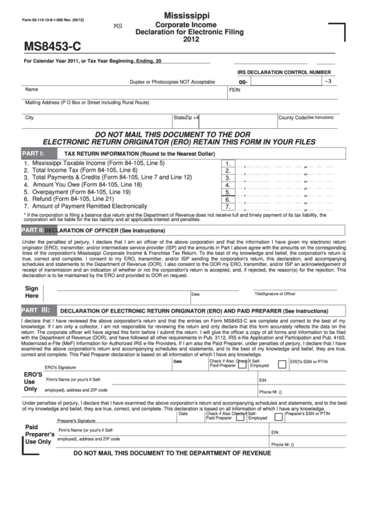 Fillable Form 83-115-12-8-1-000 - Mississippi Corporate Income Declaration For Electronic Filing - 2012 Printable pdf