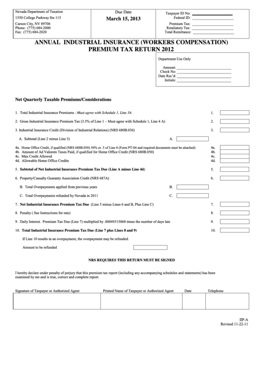 Fillable Form Iip-A - Annual Industrial Insurance (Workers Compensation) Premium Tax Return - 2012 Printable pdf