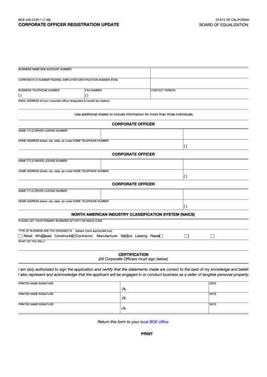 Fillable Form Boe-245-Cor-1 - Corporate Officer Registration Update Printable pdf