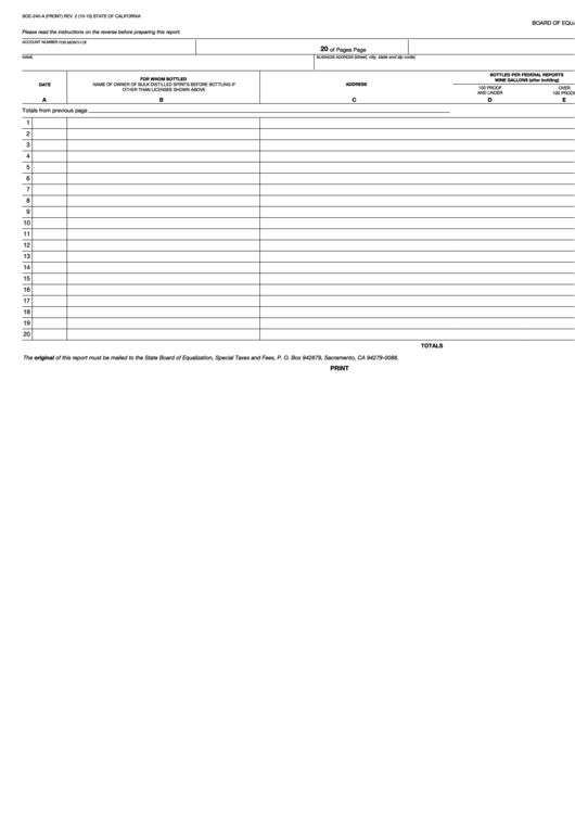 Fillable Form Boe-240-A - Distilled Spirits Received From Own Bottling Department Printable pdf
