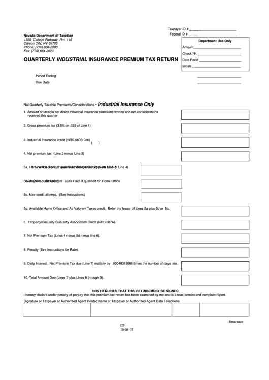 Fillable Quarterly Industrial Insurance Premium Tax Return - Nevada Department Of Taxation Printable pdf
