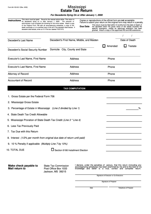 Form 94-103-02-1 - Mississippi Estate Tax Return Printable pdf