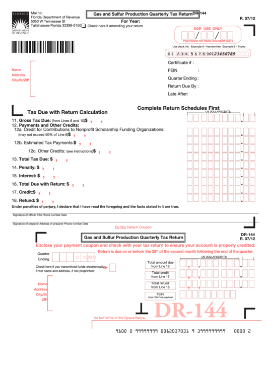 Form Dr-144 - Gas And Sulfur Production Quarterly Tax Return Printable pdf