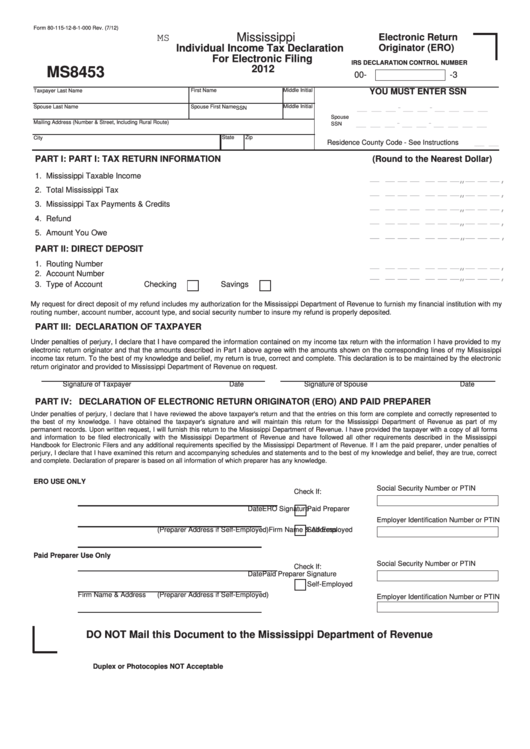 Fillable Form 80-115-12-8-1-000 - Mississippi Individual Income Tax Declaration For Electronic Filing - 2012 Printable pdf