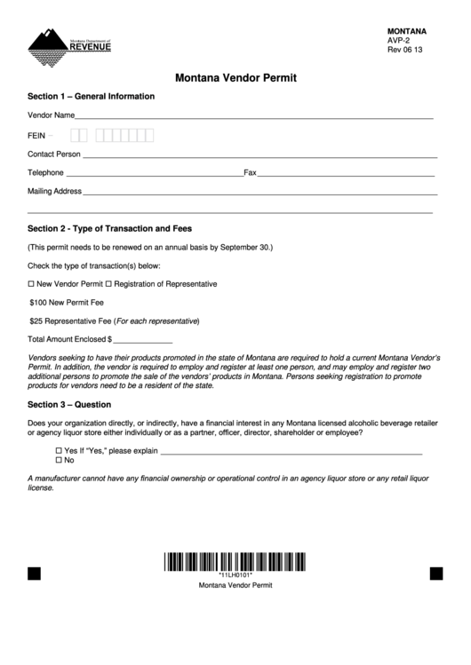 Form Avp-2 - Montana Vendor Permit Printable pdf