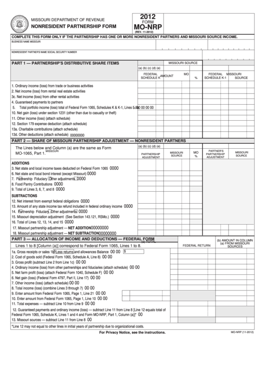 Fillable Form Mo-Nrp - Nonresident Partnership Form - 2012 Printable pdf