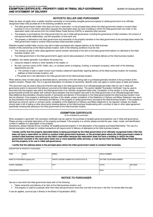 Fillable Form Boe-146-Tsg - Exemption Certificate - Property Used In Tribal Self-Governance And Statement Of Delivery Printable pdf