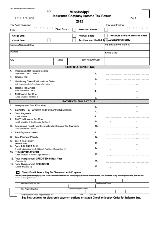Form 83-391-12-8-1-000 - Mississippi Insurance Company Income Tax Return - 2012 Printable pdf