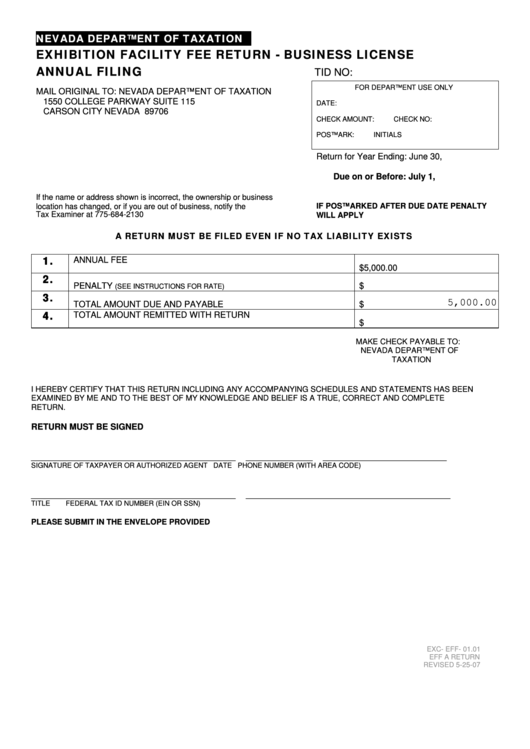 Fillable Form Eff A Return - Exhibition Facility Fee Return - Business License Annual Filing Printable pdf