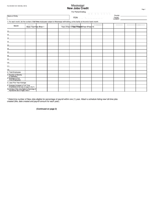 Fillable Form 83-450-12-8-1-000 - Mississippi New Jobs Credit Printable pdf
