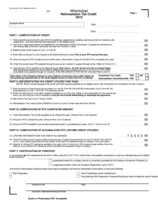 Fillable Form 80-315-12-8-1-000 - Mississippi Reforestation Tax Credit - 2012 Printable pdf