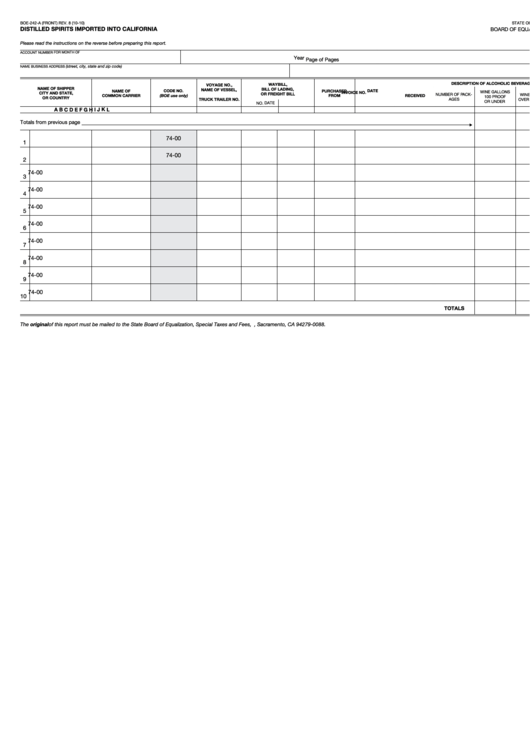 Fillable Form Boe-242-A - Distilled Spirits Imported Into California Printable pdf